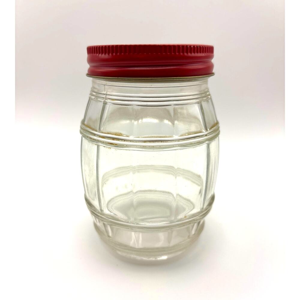 Small Hazel Atlas Pint-Size Glass Jar Barrel Shape with Red Metal Lid Vintage